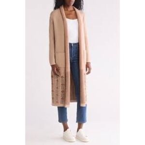 Longline Cardigan With Floral Design Casual Cotton Blend Pockets New Sz XL